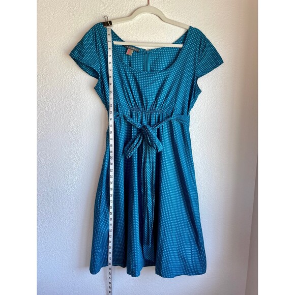 Orla Kiely Women's Grid Dot Cap Sleeve A-Line Belted Bow Dress in Blue & Teal 8 - Picture 8 of 11